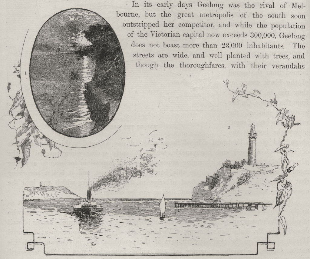 Port Phillip Heads by Moonlight and Lighthouse. Geelong. Australia 1890 print